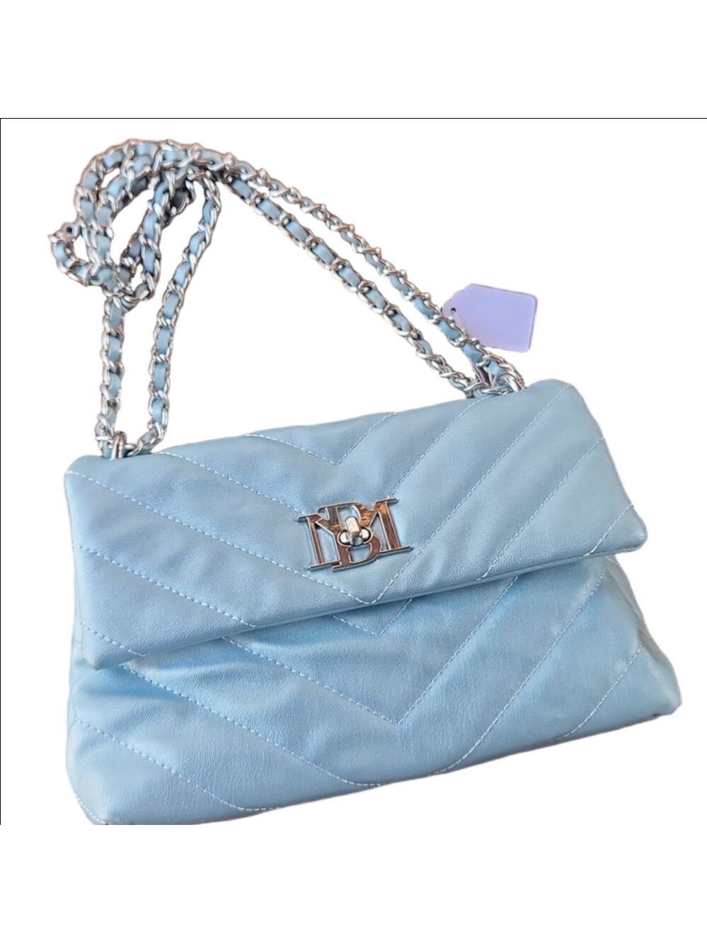 Badgley Mischka‎ gorgeous Vegan Leather quilted metallic blue soft crossb…